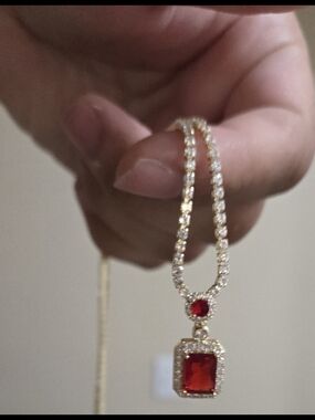 Gold colored Necklace and Adjustable Ring set with Red Gemstone Pendant